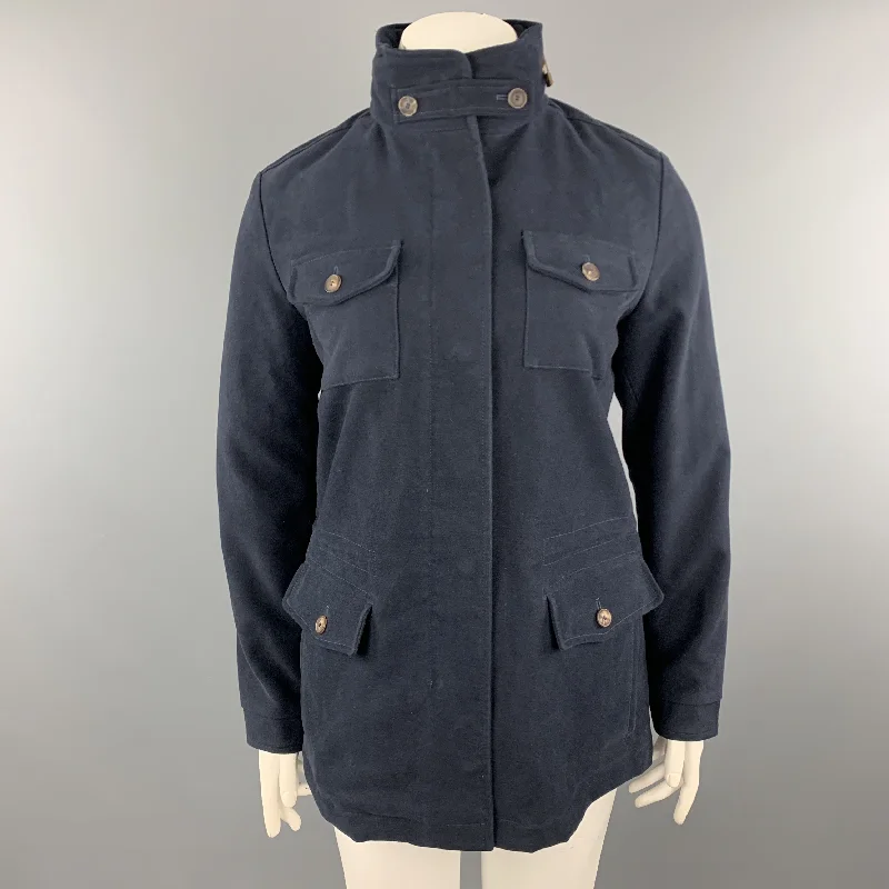 LORO PIANA Size 10 Navy Cotton High Collar Zip Hood Jacket Denim Fabric Leather Fabric Suede Fabric LORO PIANA Size 10 Navy Cotton High Collar Zip Hood Jacket Denim Fabric Leather Fabric Suede Fabric