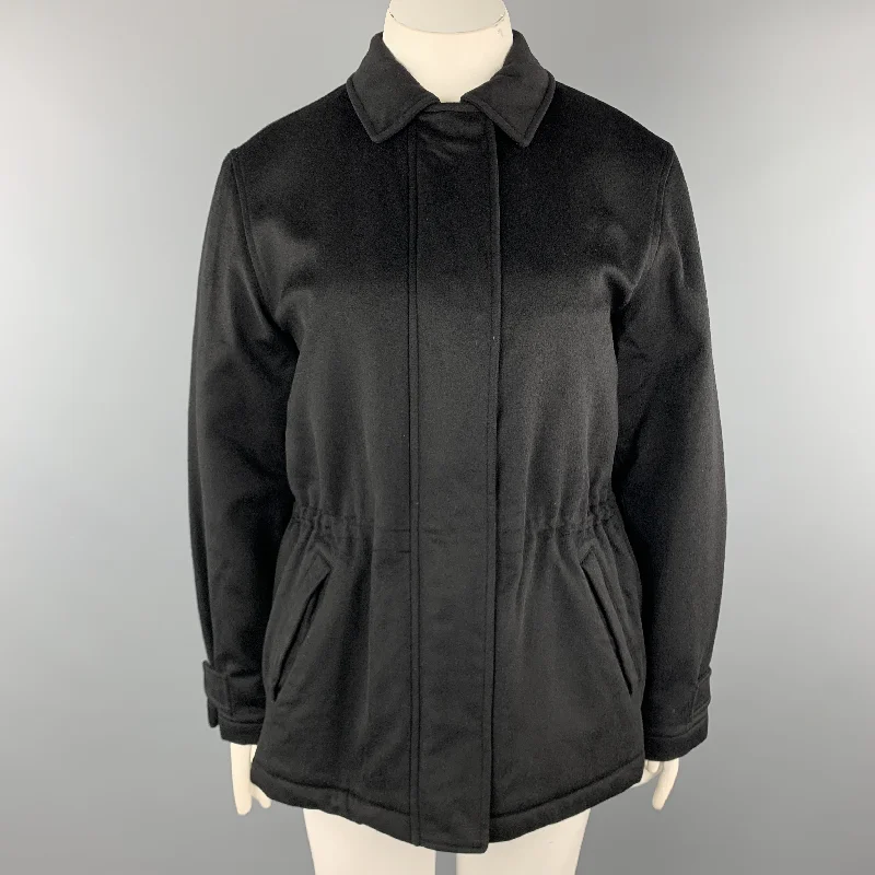 LORO PIANA Size 12 Black Cashmere STORM SYSTEM Drawstring Jacket Satin Jacket Silk Jacket Chiffon Jacket LORO PIANA Size 12 Black Cashmere STORM SYSTEM Drawstring Jacket Satin Jacket Silk Jacket Chiffon Jacket