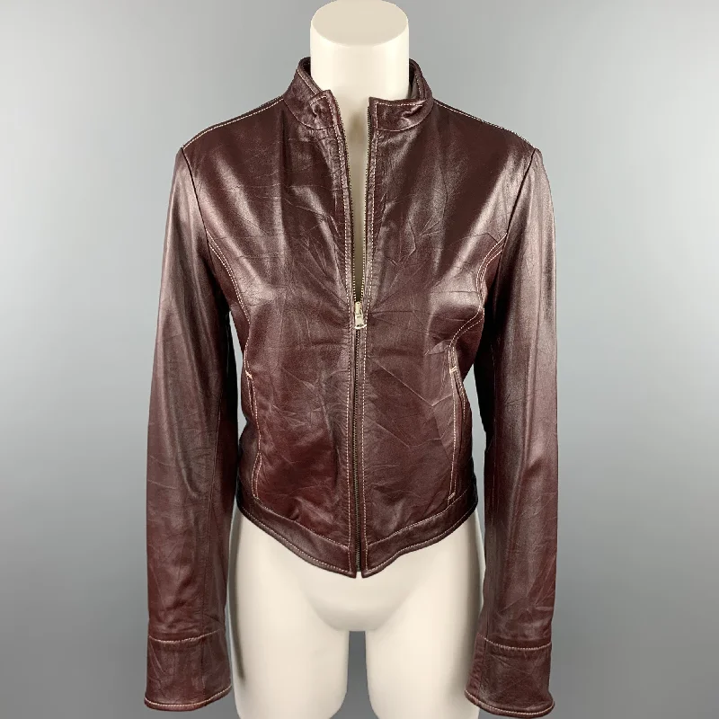 LOT78 Size 8 Burgundy Contrast Stitch Leather Zip Up Jacket Bomber Jacket Anorak Windbreaker