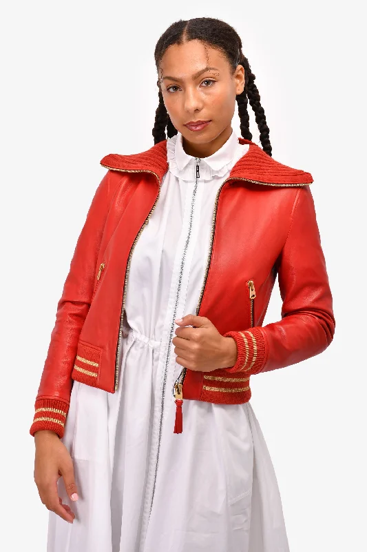 Mackage Brick Red Leather 'Krysta' Jacket with Knit Trim Size S A-Line Jacket Boat Neck Shawl Collar Mackage Brick Red Leather 'Krysta' Jacket with Knit Trim Size S A-Line Jacket Boat Neck Shawl Collar