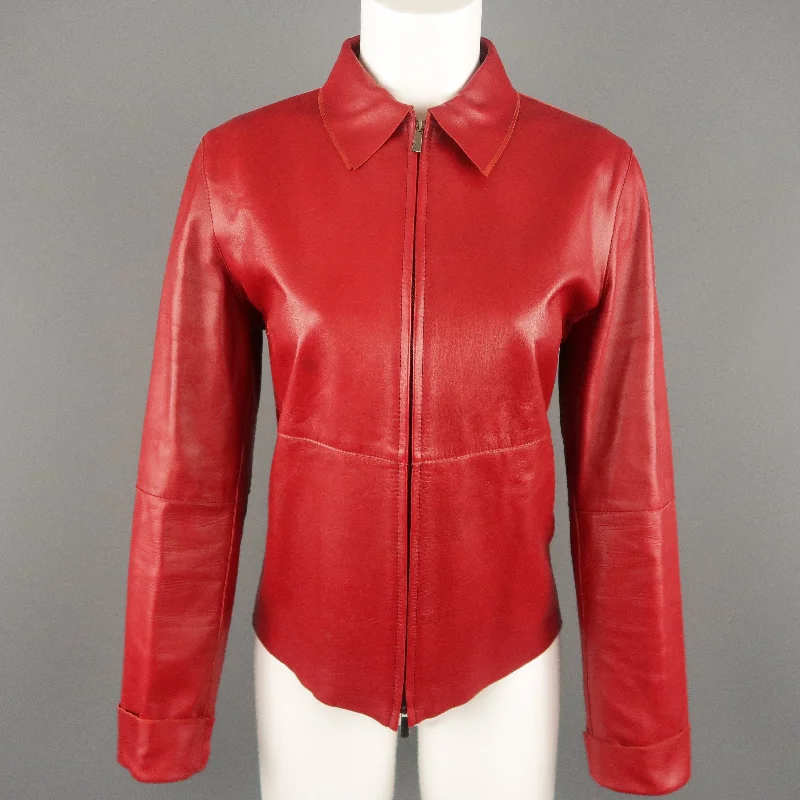 MALO Size 6 Red Leather Collared Jacket Wool Jacket Cashmere Jacket Tweed Jacket