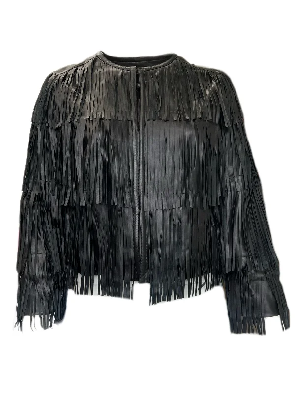 Marina Rinaldi Women's Black Egadi Fringe Leather Jacket NWT Anorak Shell Jacket Lightweight Jacket Marina Rinaldi Women's Black Egadi Fringe Leather Jacket NWT Anorak Shell Jacket Lightweight Jacket