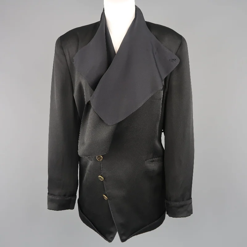 MATSUDA Size M Black Satin Draped Collar Double Breasted Jacket Zip Front Button Front Snap Front MATSUDA Size M Black Satin Draped Collar Double Breasted Jacket Zip Front Button Front Snap Front