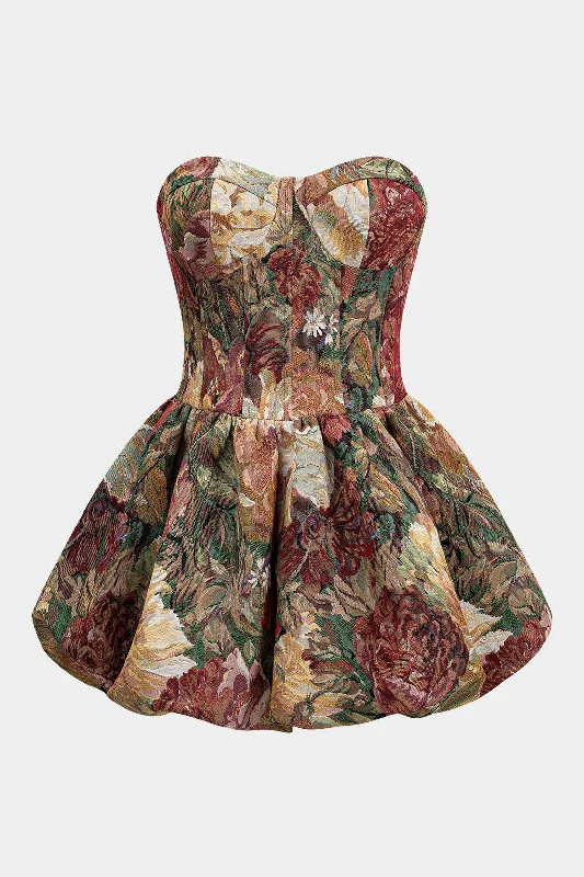 Floral Jacquard Strapless Sleeveless Mini Dress Fashionable Denim Mini Dress