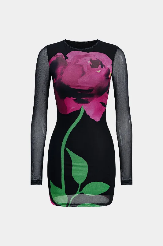 Floral Print Mesh Round Neck Long Sleeve Mini Dress Trendy Wraparound Mini Dress