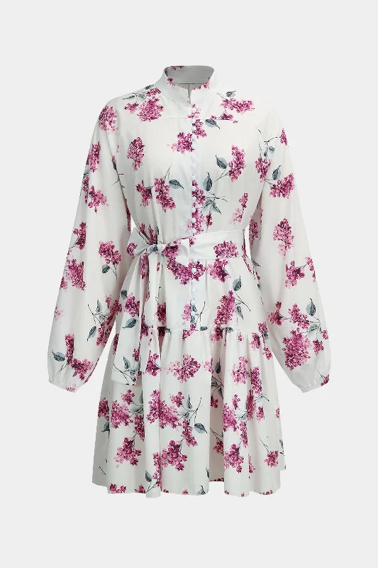 Floral Print Tie-Up Long Sleeve Mini Dress Fashionable Polka Dot Mini Dress
