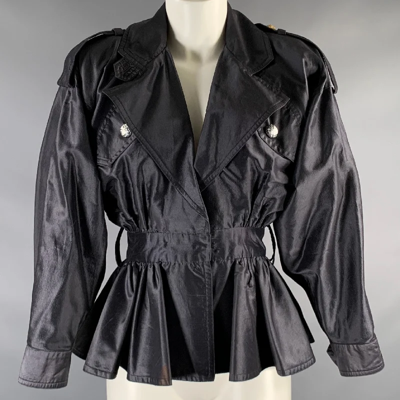 MICHAEL CASEY Size 8 Black Viscose Silk Solid Epaulettes Jacket Fleece Fabric Down Fabric Feather Fabric MICHAEL CASEY Size 8 Black Viscose Silk Solid Epaulettes Jacket Fleece Fabric Down Fabric Feather Fabric