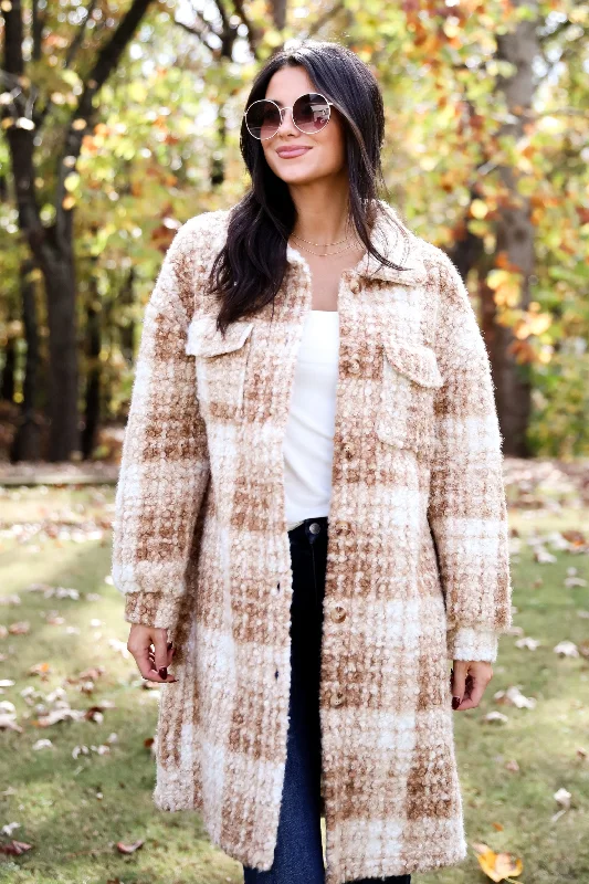 Modern Coziness Taupe Plaid Teddy Jacket Zippered Jacket Buttoned Jacket Snapped Jacket