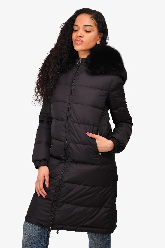 Mr and Mrs Italy Black Down Mid Length Jacket with Fox Fur Trim Size XXS Belted Jacket Elasticated Jacket Padded Jacket