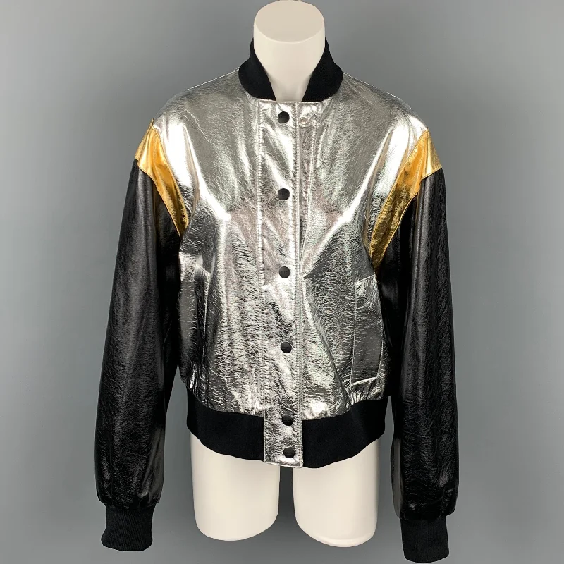 MSGM Giubbino Size 8 Silver & Black Viscose Blend Bomber Jacket Stand-Up Collar Roll-Neck Collar Turtle Neck