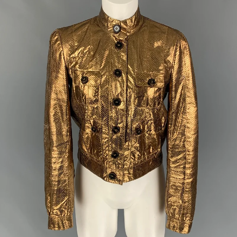 MULBERRY Size 6 Gold Leather Metallic Snake Skin Buttoned Jacket Herringbone Jacket Houndstooth Jacket Plaid Jacket MULBERRY Size 6 Gold Leather Metallic Snake Skin Buttoned Jacket Herringbone Jacket Houndstooth Jacket Plaid Jacket