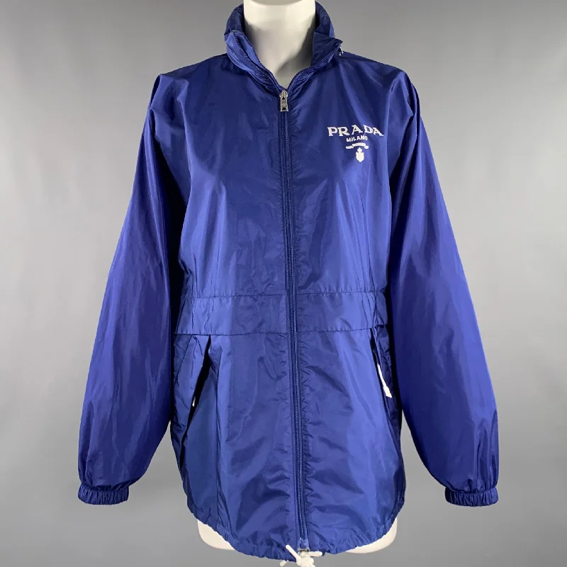 PRADA Size 0 Blue Polyamide Logo Windbreaker Jacket Boat Neck Shawl Collar Notched Collar PRADA Size 0 Blue Polyamide Logo Windbreaker Jacket Boat Neck Shawl Collar Notched Collar