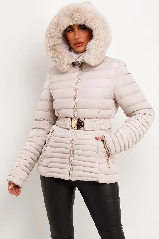 Puffer Jacket With Faux Fur Hood And Gold Belt Beige Hooded Jacket Caped Jacket Shawl Collar Jacket