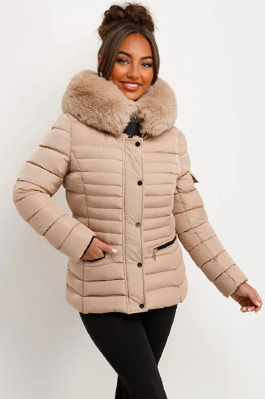 Puffer Jacket With Faux Fur Hood Side Buckle Detail Beige Denim Jacket Leather Jacket Suede Jacket