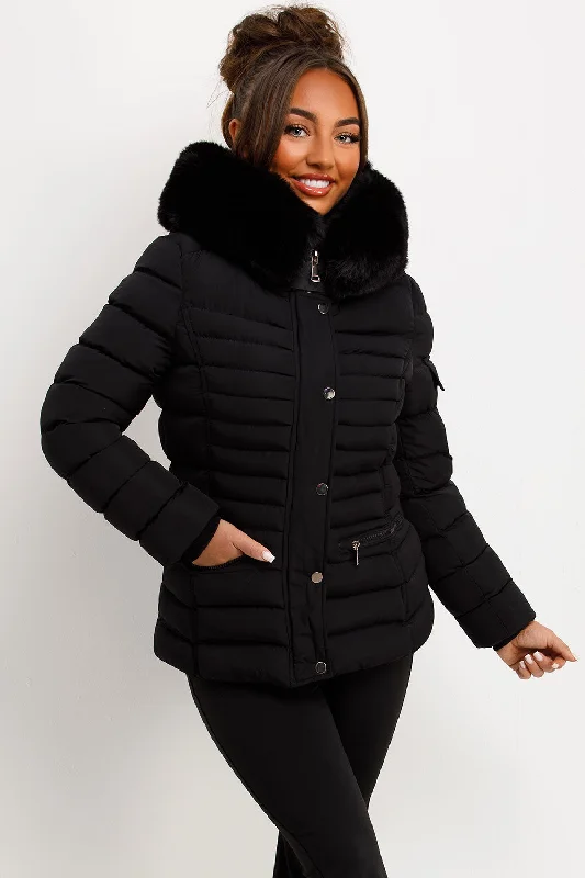 Puffer Jacket With Faux Fur Hood Side Buckle Detail Black Knit Jacket Woven Jacket Fleece Jacket