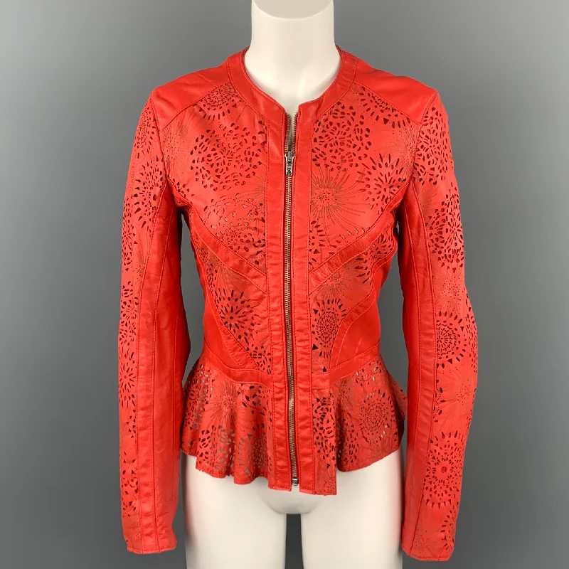 Q 40 Size 10 Coral Perforated Leather Mesh Lined Jacket Satin Fabric Silk Fabric Chiffon Fabric