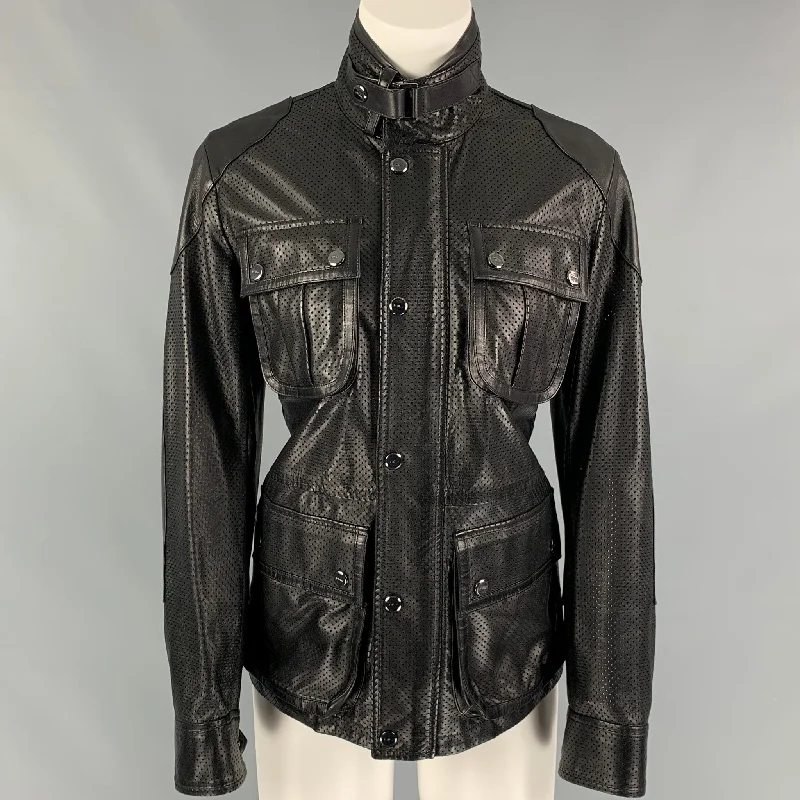 RALPH LAUREN Black Label Size 2 Black Leather Perforated Lambskin Jacket Zip Front Button Front Snap Front RALPH LAUREN Black Label Size 2 Black Leather Perforated Lambskin Jacket Zip Front Button Front Snap Front