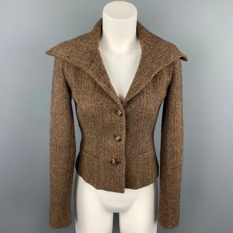 RALPH LAUREN Black Label Size 2 Brown Tweed Lambswool High Collar Jacket Lace Jacket Ribbed Jacket Sequined Jacket