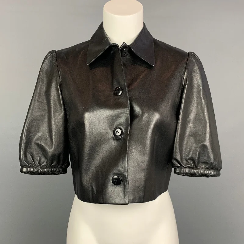 RALPH LAUREN Black Label Size 6 Black Leather Short Sleeve Buttoned Jacket Faux Fur Jacket Real Fur Jacket Shearling Jacket