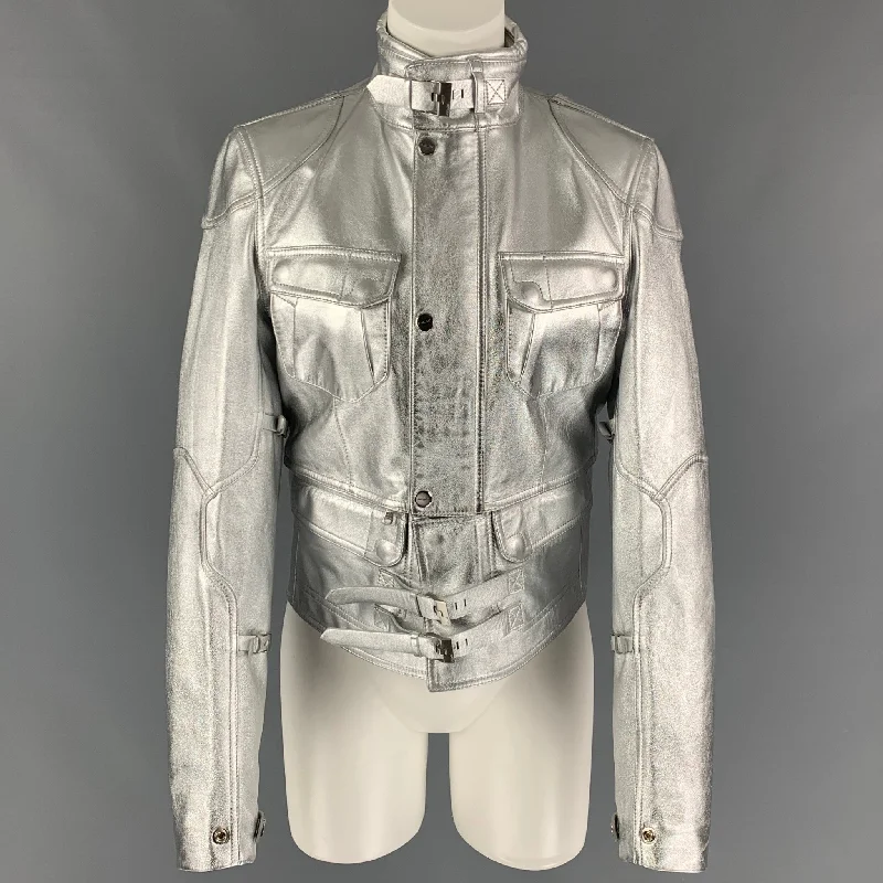 RALPH LAUREN Black Label Size M Silver Leather Metallic Lambskin Jacket Denim Jacket Leather Jacket Suede Jacket RALPH LAUREN Black Label Size M Silver Leather Metallic Lambskin Jacket Denim Jacket Leather Jacket Suede Jacket