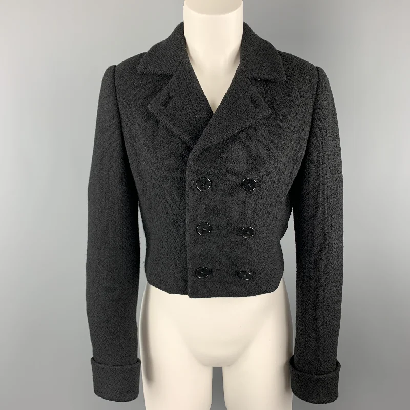 RALPH LAUREN Size 6 Black Wool Blend Woven Cropped Double Breasted Jacket Fleece Jacket Down Jacket Feather Jacket RALPH LAUREN Size 6 Black Wool Blend Woven Cropped Double Breasted Jacket Fleece Jacket Down Jacket Feather Jacket