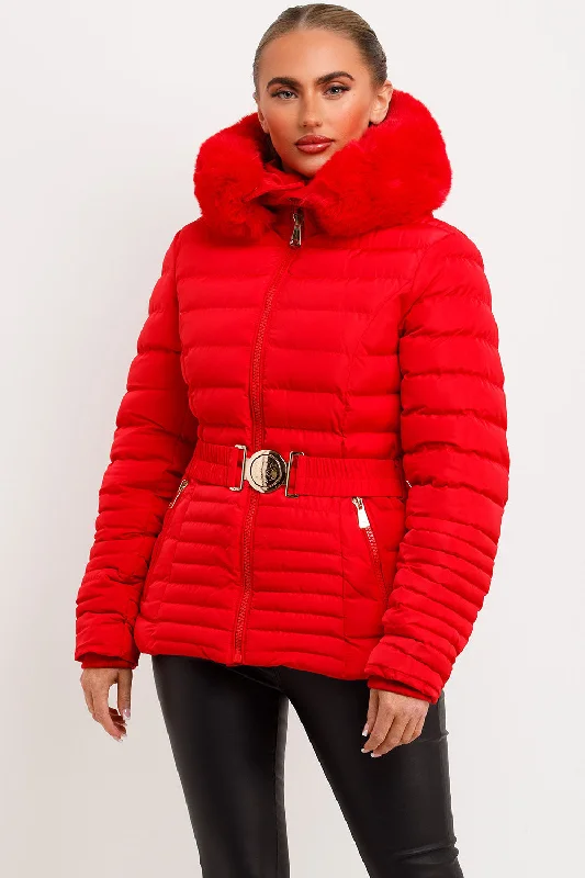 Red Puffer Jacket With Faux Fur Hood And Gold Belt Jersey Jacket Tulle Jacket Batik Jacket