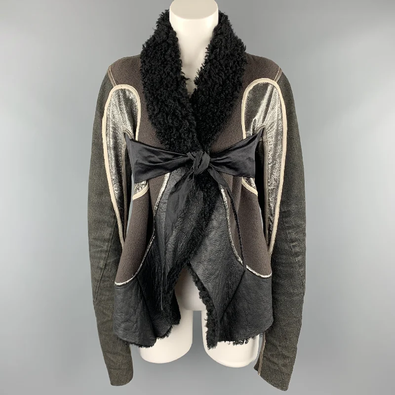RICK OWENS Size 10 Gray Metallic Leather Patchwork Shearling Collar Tied Jacket Front Pockets Side Pockets Patch Pockets RICK OWENS Size 10 Gray Metallic Leather Patchwork Shearling Collar Tied Jacket Front Pockets Side Pockets Patch Pockets