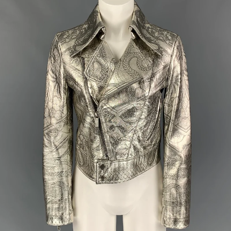 ROBERTO CAVALLI Size 4 Silver Print Leather Metallic Cropped Biker Jacket Fleece Jacket Down Jacket Feather Jacket ROBERTO CAVALLI Size 4 Silver Print Leather Metallic Cropped Biker Jacket Fleece Jacket Down Jacket Feather Jacket