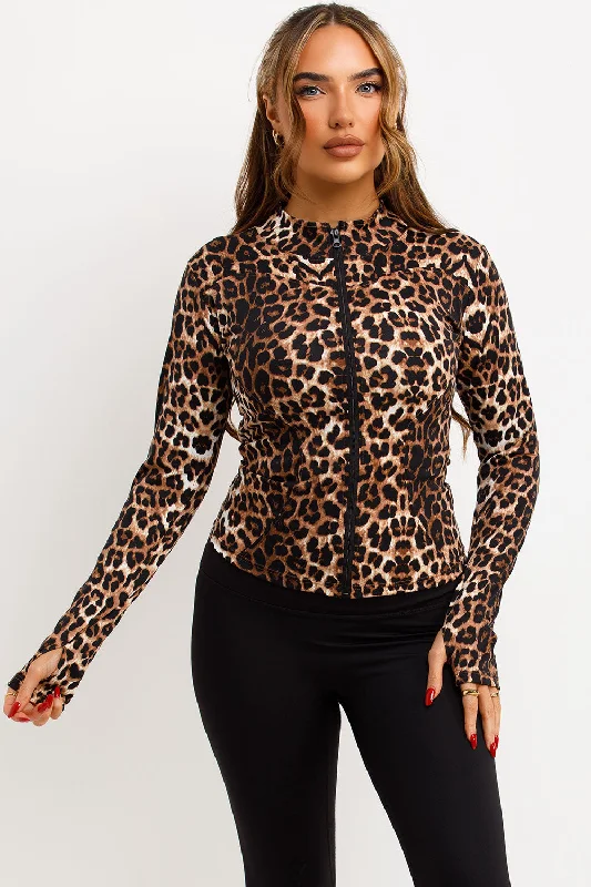 Sports Zip Up Jacket Leopard Print Cardigan Sweater Pullover