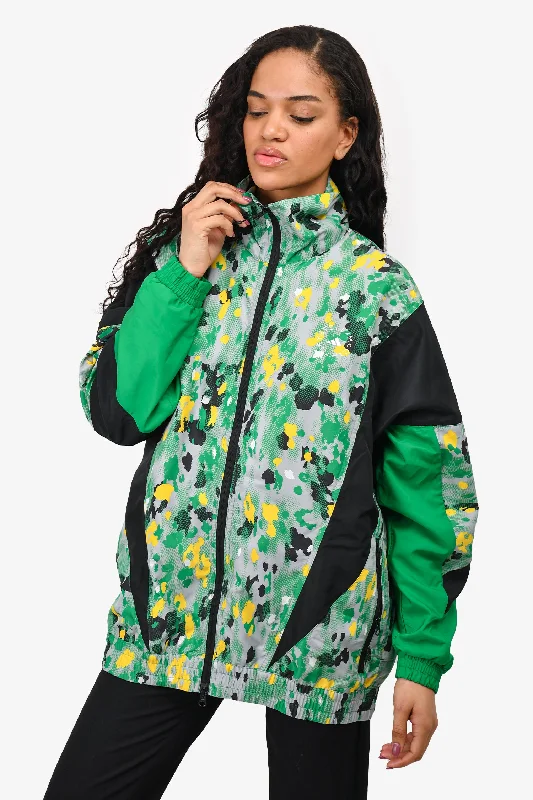 Stella McCartney x Adidas Green/Yellow Printed Nylon Oversized Zip-Up Jacket Size S Welt Pockets Slit Pockets Flap Pockets Stella McCartney x Adidas Green/Yellow Printed Nylon Oversized Zip-Up Jacket Size S Welt Pockets Slit Pockets Flap Pockets