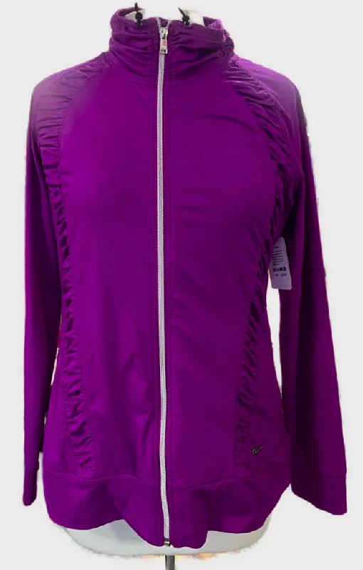 Sunice Women's Full-Zip Fuschia Long Sleeve Fall Jacket w/Ruching Accents Size L MSP$75 Front Pockets Side Pockets Patch Pockets