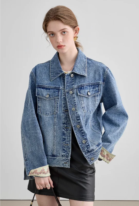 Switched Embroidered Cuff Denim Jacket Striped Jacket Polka Dot Jacket Floral Jacket Switched Embroidered Cuff Denim Jacket Striped Jacket Polka Dot Jacket Floral Jacket