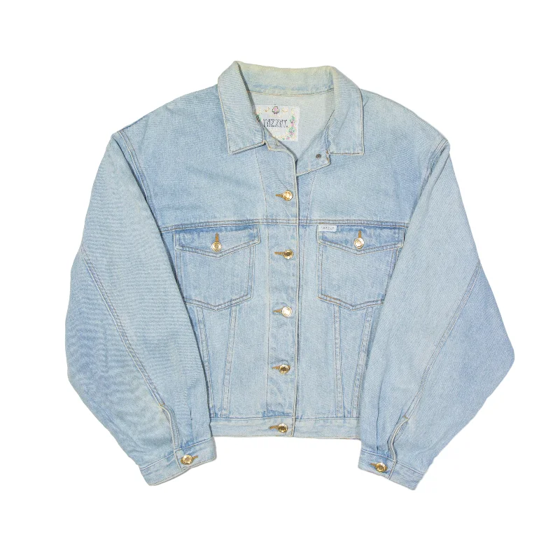 TAZZAT Denim Jacket Blue Patchwork Womens M Snapped Jacket Toggled Jacket Drawstring Jacket