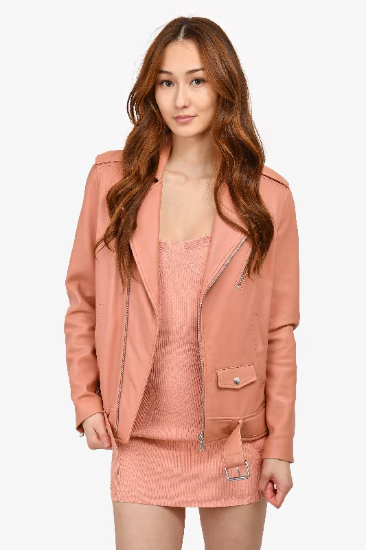 Theory Salmon Pink Leather Moto Jacket Size P Hooded Jacket Caped Jacket Shawl Collar Jacket Theory Salmon Pink Leather Moto Jacket Size P Hooded Jacket Caped Jacket Shawl Collar Jacket