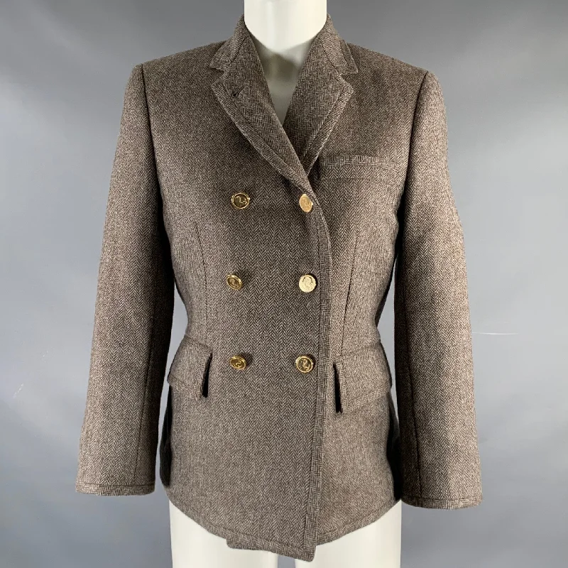 THOM BROWNE Size 2 Brown Olive Wool Herringbone Double Breasted Jacket Corduroy Jacket Velvet Jacket Brocade Jacket THOM BROWNE Size 2 Brown Olive Wool Herringbone Double Breasted Jacket Corduroy Jacket Velvet Jacket Brocade Jacket