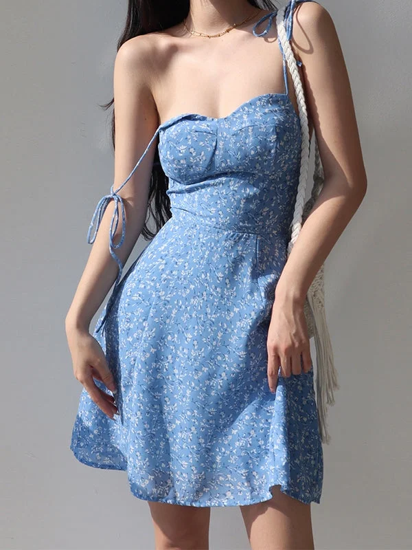 BerryBetty - Tie Strap Floral Mini Dress Trendy Mesh Mini Dress