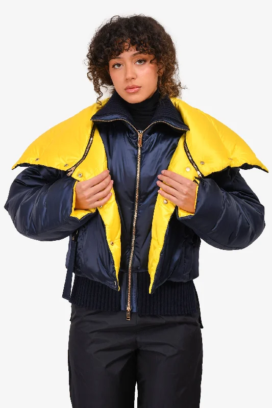 Versace Blue/Yellow Puffer Jacket Size 42 Ribbed Jacket Pleated Jacket Ruffled Jacket