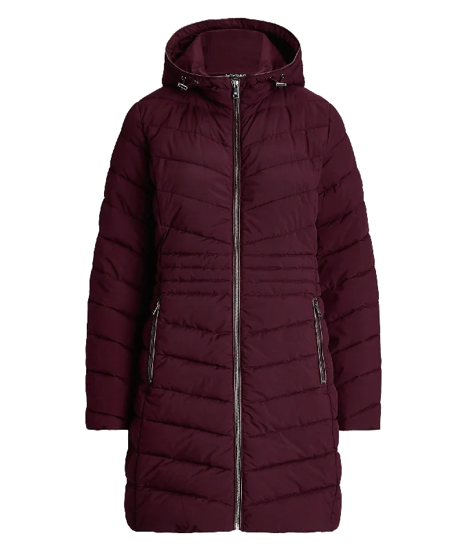 Chevron-quilted Hooded Jacket - Red Front Pockets Side Pockets Patch Pockets