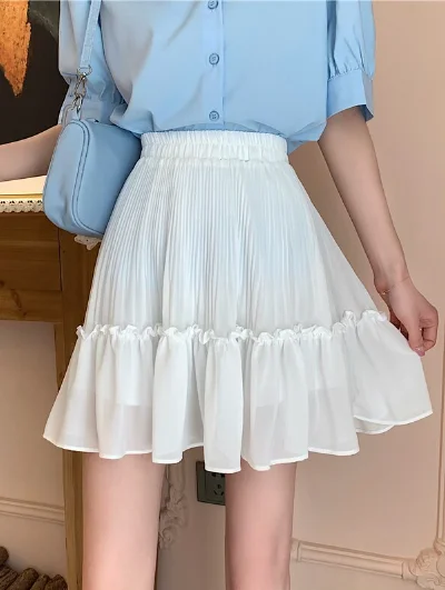 black cute summer women's retro pleated mini skirt linen skirt natural