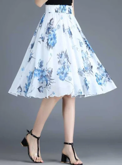 blue casual Joker floral long thin high waist A word skirt midi skirt versatile