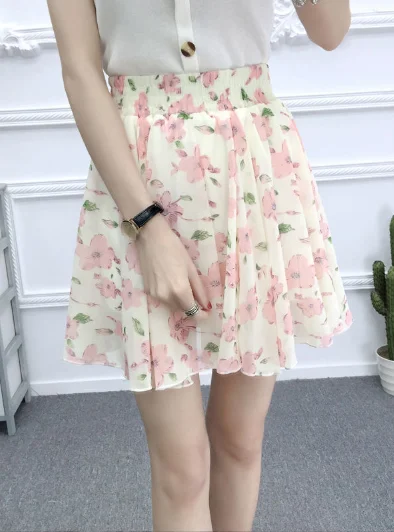 fashion spring and summer Korean chiffon small fresh skirt short skirt floral skirt linen skirt natural