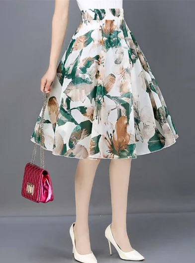 green casual Joker floral long thin high waist A word skirt button skirt front