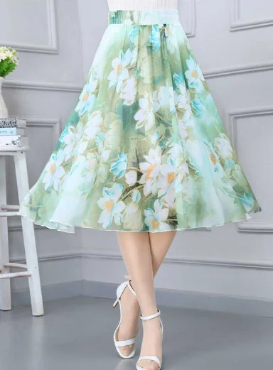 green casual summer Joker floral long thin high waist A word skirt tulle skirt dreamy