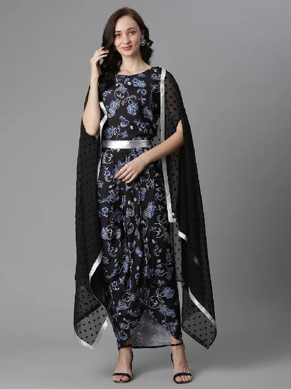 Women's Black Crepe Printed Top, Skirt & Shrug By Ahalyaa - 3Pc Set leather skirt sleek Women's Black Crepe Printed Top, Skirt & Shrug By Ahalyaa - 3Pc Set leather skirt sleek