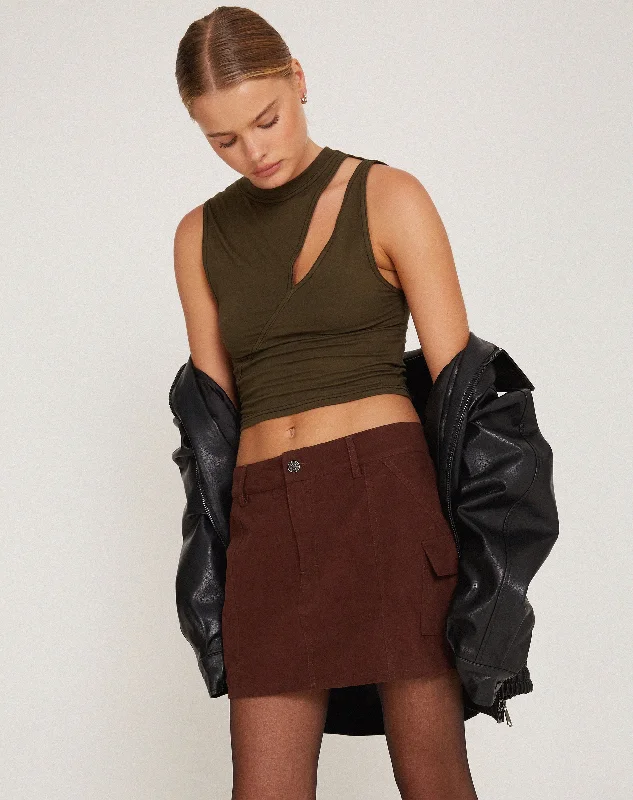 Ajeng Low Rise Cargo Mini Skirt in Seal Brown patchwork skirt art