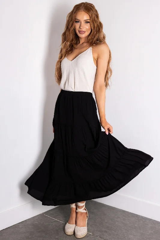 Black Tiered Elastic Waist Woven Maxi Skirt linen skirt airy