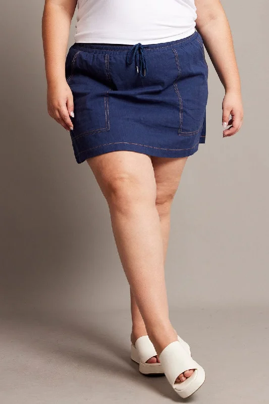 Blue Contrast Stitch Cotton Mini Skirt button skirt front