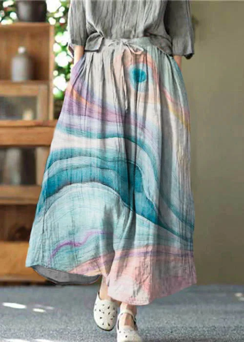 Casual Blue texture Pockets wrinkled Tie Waist Linen Skirt Summer corduroy skirt durable Casual Blue texture Pockets wrinkled Tie Waist Linen Skirt Summer corduroy skirt durable