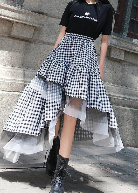 Chic Black White Plaid Ruffles Patchwork Lace Skirt Summer slim fit skirt