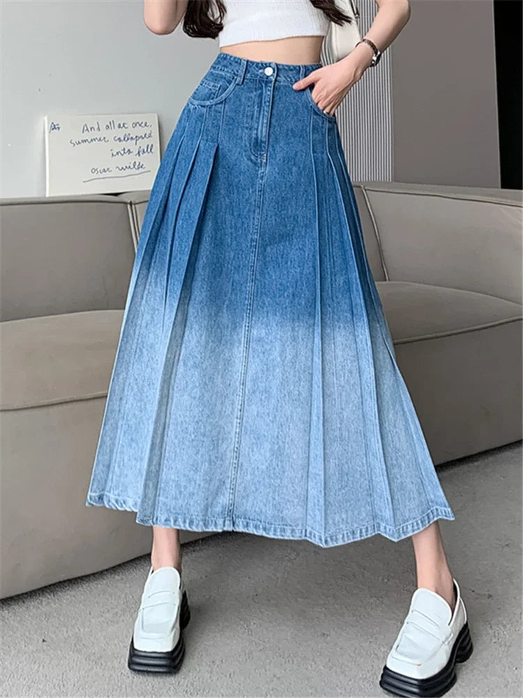 Waist Gradient Pleated Women's Denim Long For Spring Summer Casual Blue Jeans Pockets New Skirt leather skirt durable